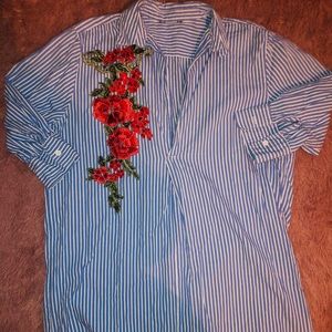 Blue & White Striped Embroidered Blouse